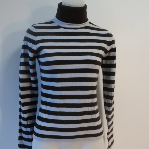 Womens Iris Singer Ice Blue Brown Striped Pure Cashmere Turtleneck Sweater S - Picture 3 of 12